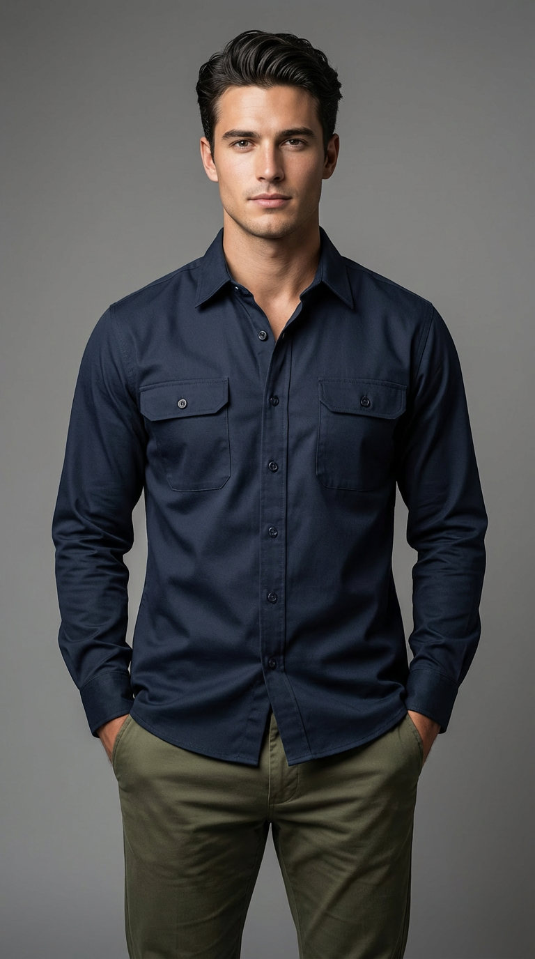 Camisa de gabardina manga larga Agnor para caballero marino premium Mod. HAgCL31