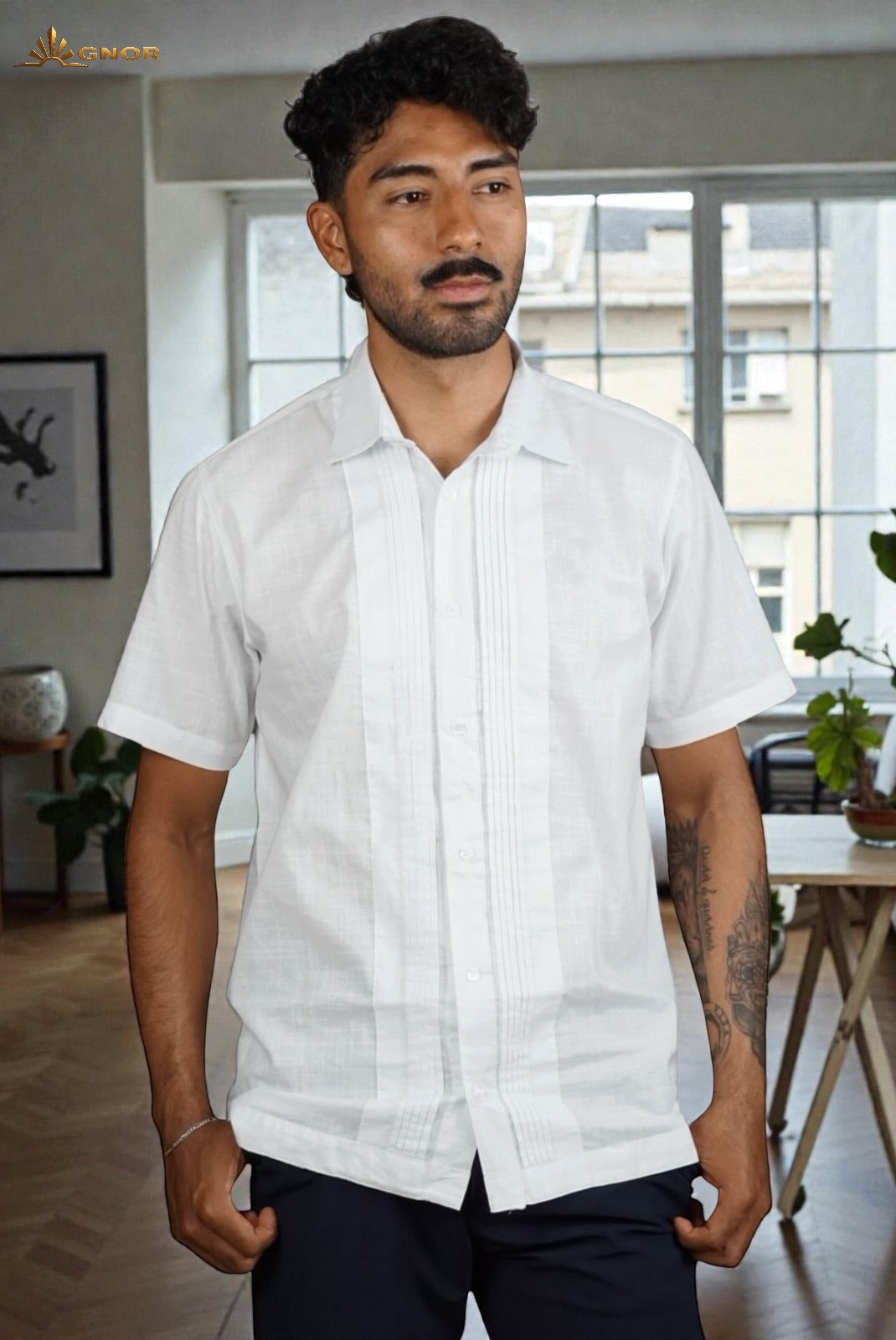 Camisa guayabera manga corta Agnor para caballero Blanco premium Mod. HAgCC20