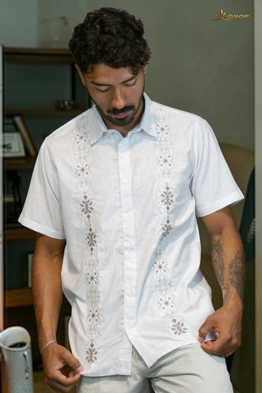 Camisa guayabera manga corta Agnor para caballero Blanco premium Mod. HAgCC21