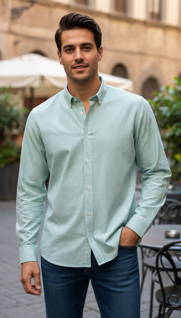 Camisa micro rayas manga larga Agnor para caballero Verde algodón premium Mod. HAgCL25