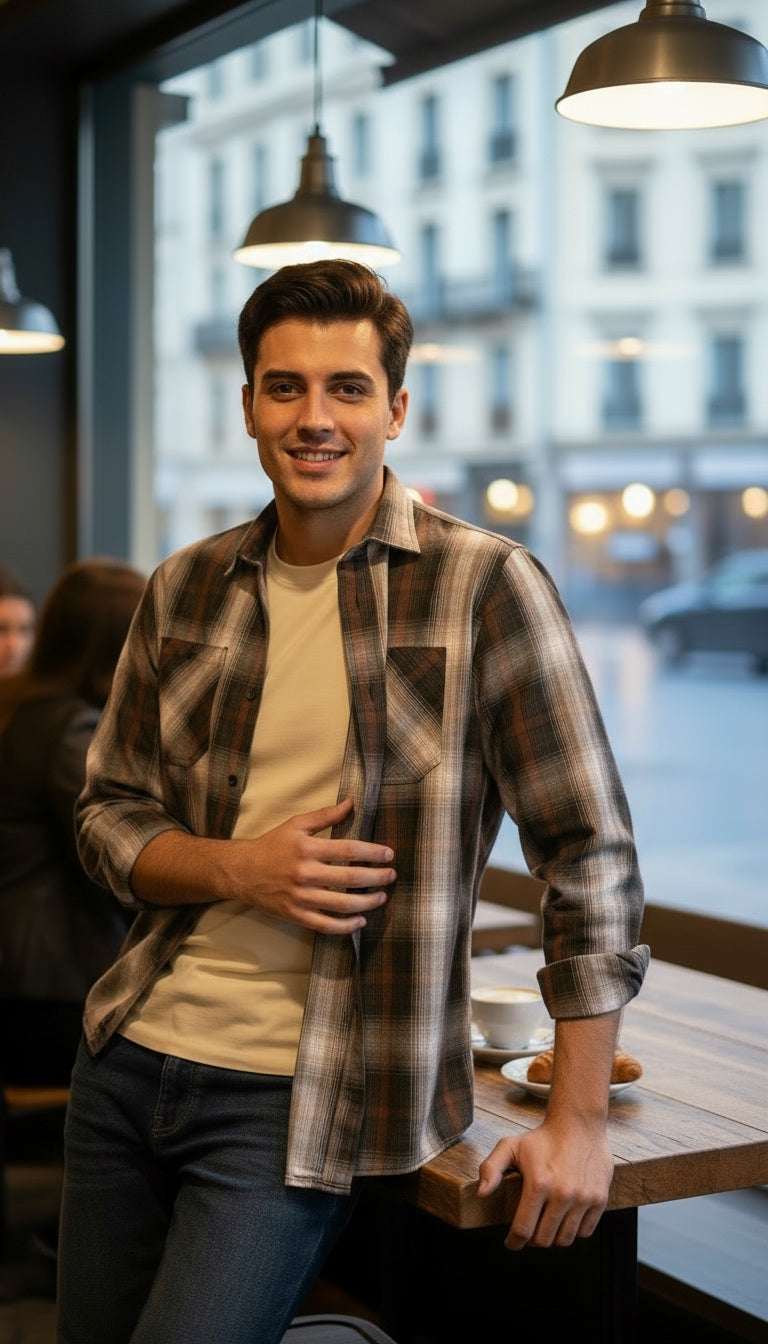 Camisa estilo leñador manga larga Agnor para caballero Café algodón premium Mod. HAgCL24