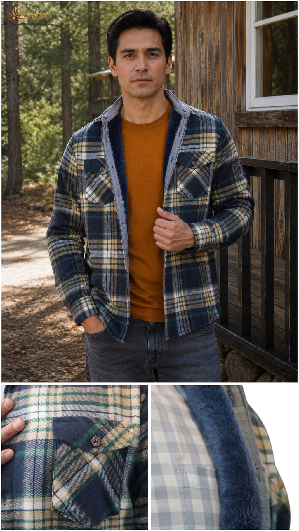 Camisola aborregada manga larga Agnor para caballero marino/verde franela premium Mod. HAgCL41