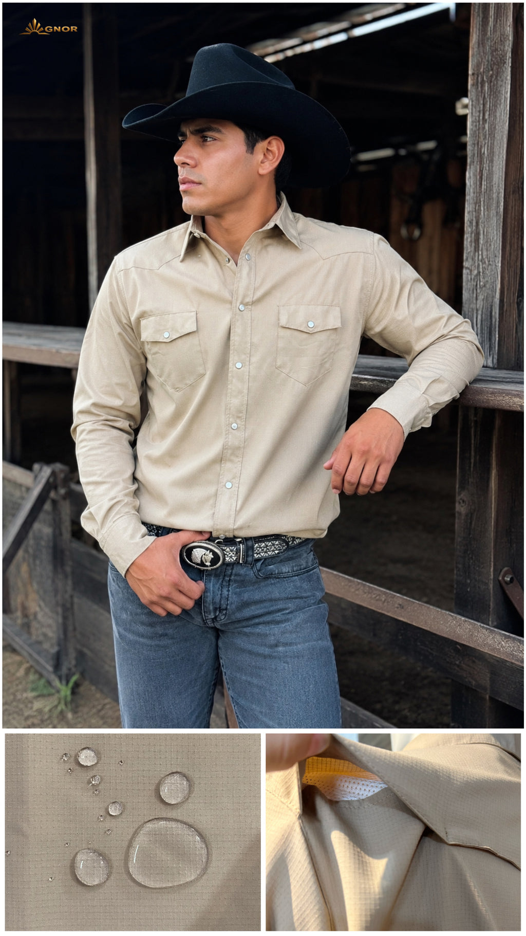 Camisa vaquera manga larga Agnor para caballero repelente beige premium Mod. HAgCL40