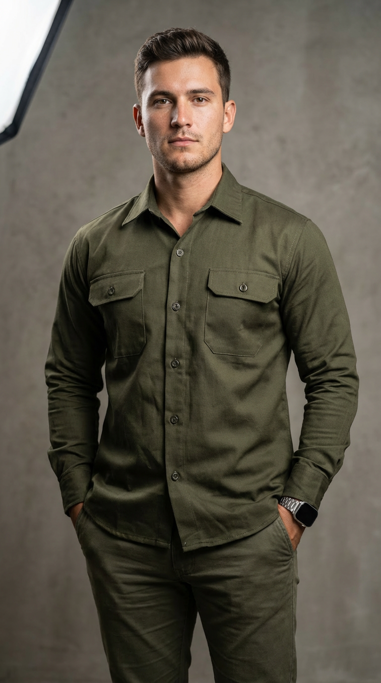 Camisa de gabardina manga larga Agnor para caballero verde premium Mod. HAgCL31