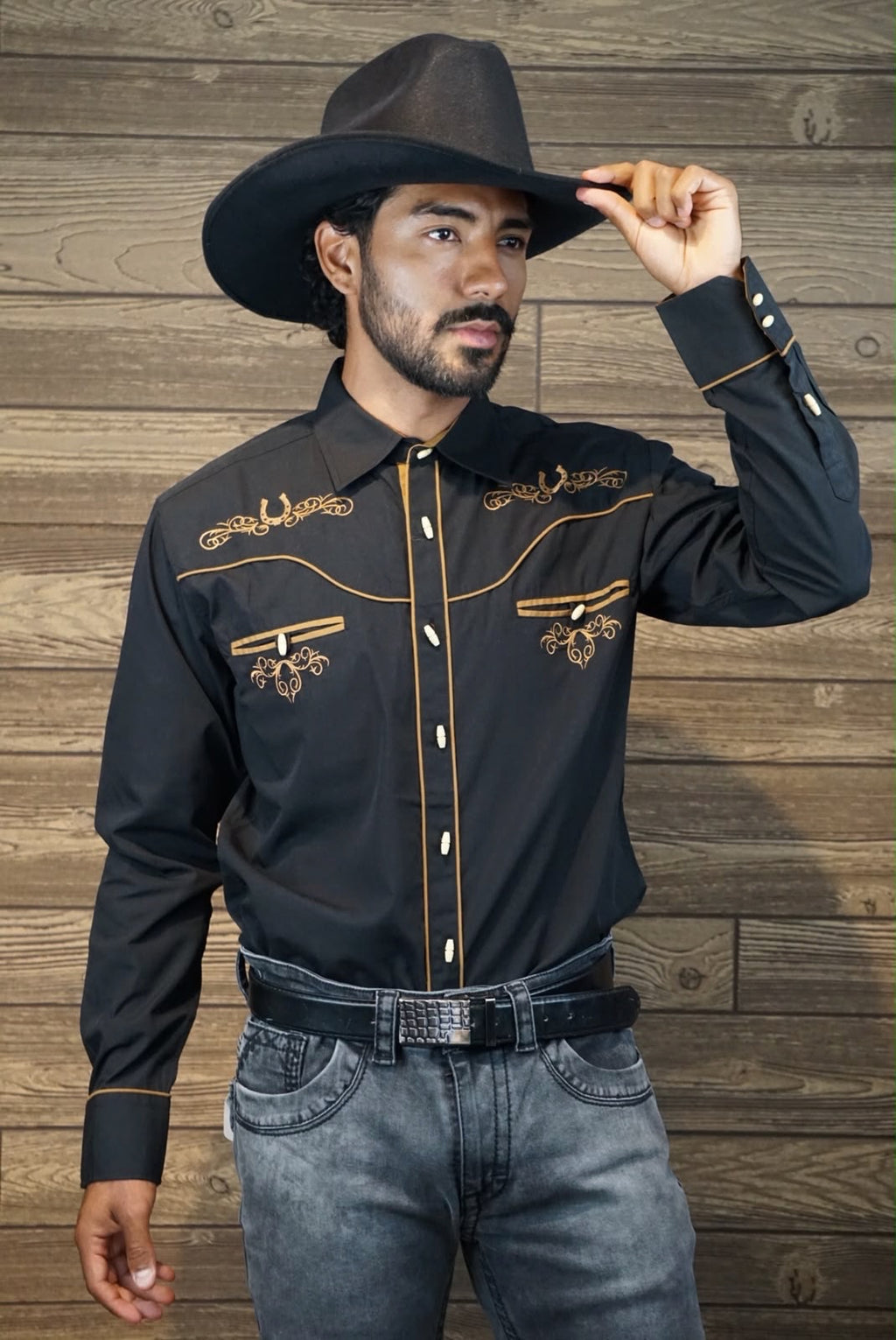 Camisa vaquera charra manga larga Agnor para caballero negro premium Mod. HAgCLVaq5