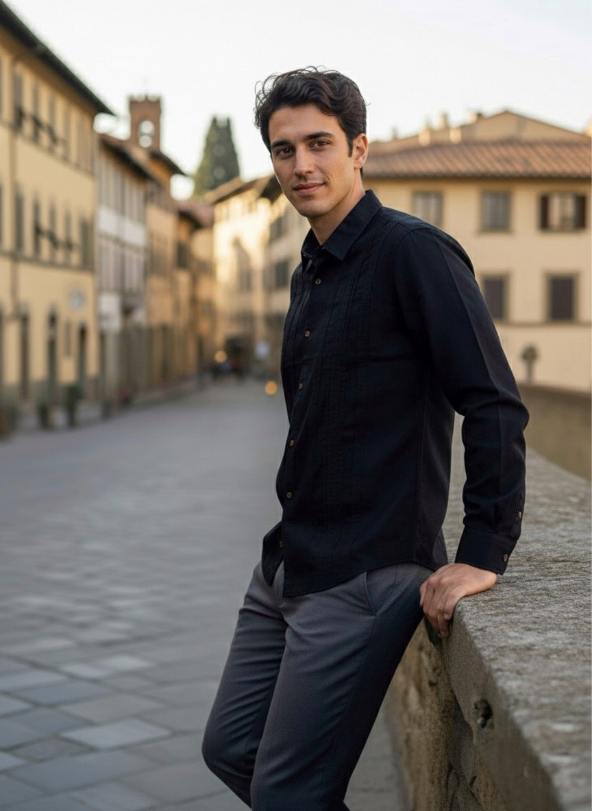 Camisa guayabera manga larga Agnor para caballero negro Mod. HAgCL22